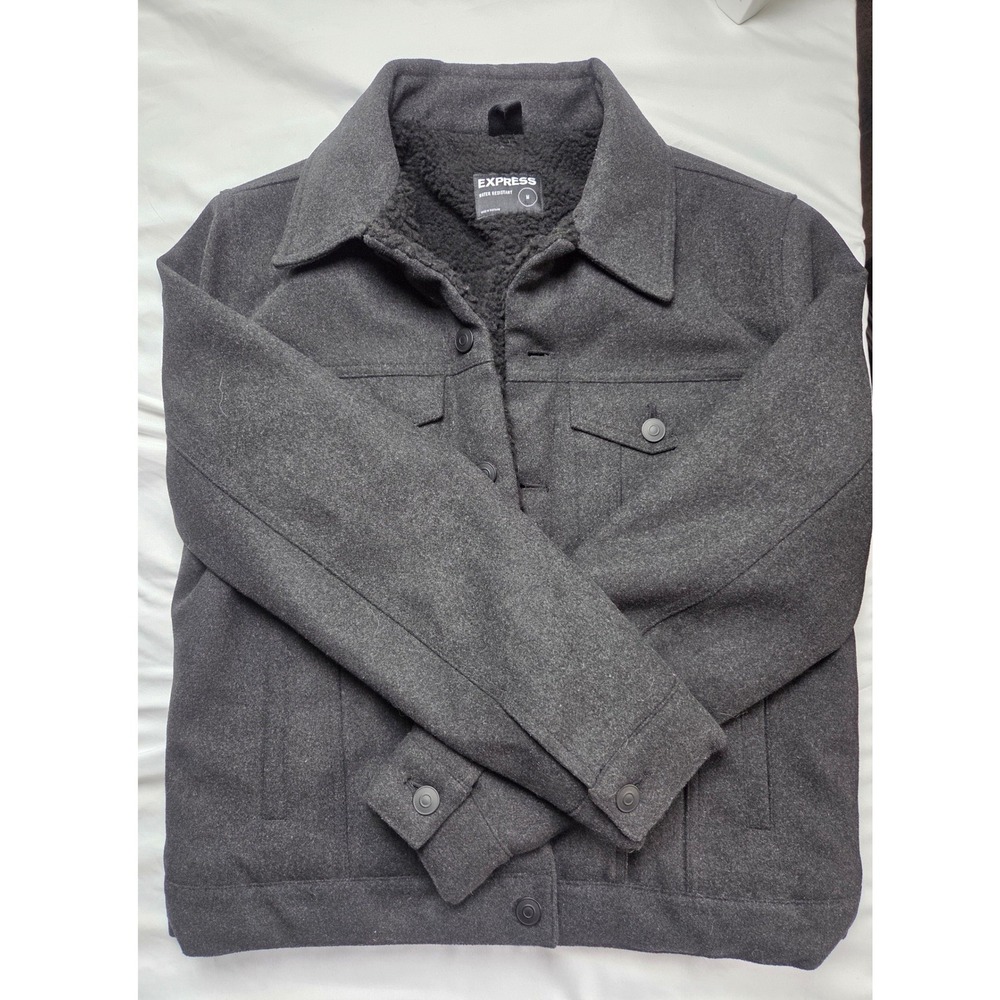 Express Mens Water Resistant Sherpa Lined Wool Blend Trucker Jacket Gray Medium